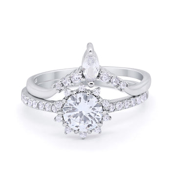Two Piece Art Deco Bridal Set Ring Band Round Simulated Cubic Zirconia 925 Sterling Silver
